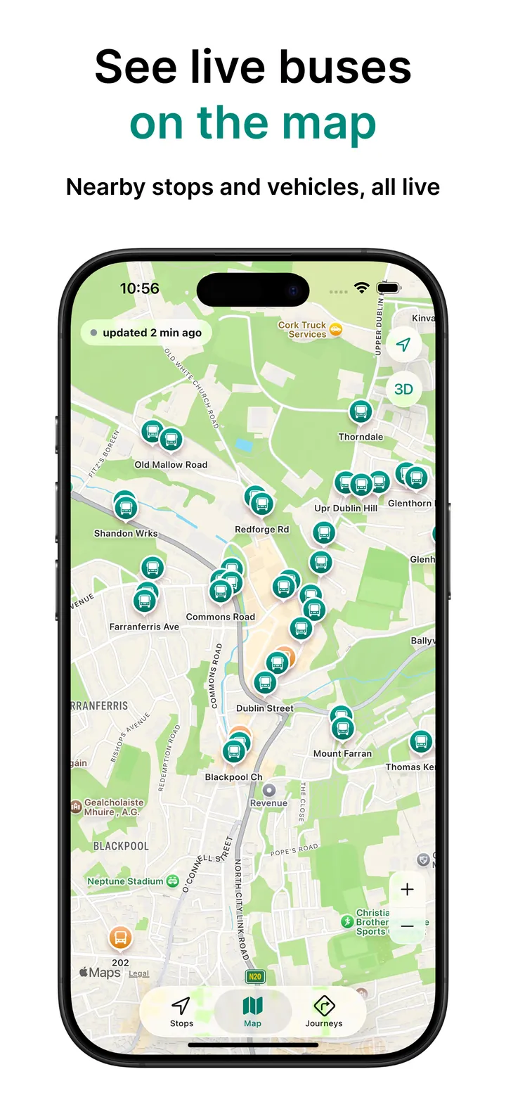 Map showing stops and live vehicle positions
