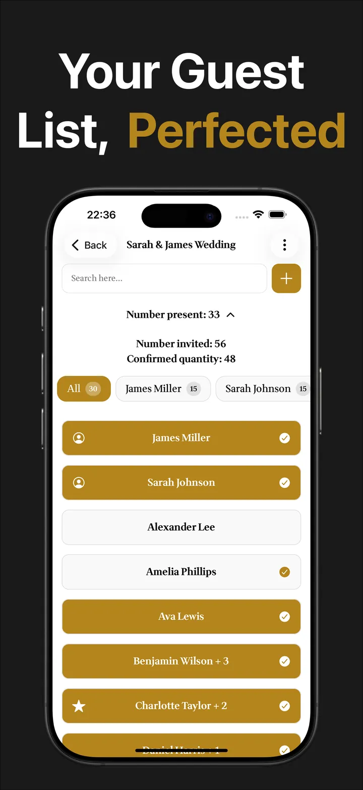 Guest list with live attendance counters