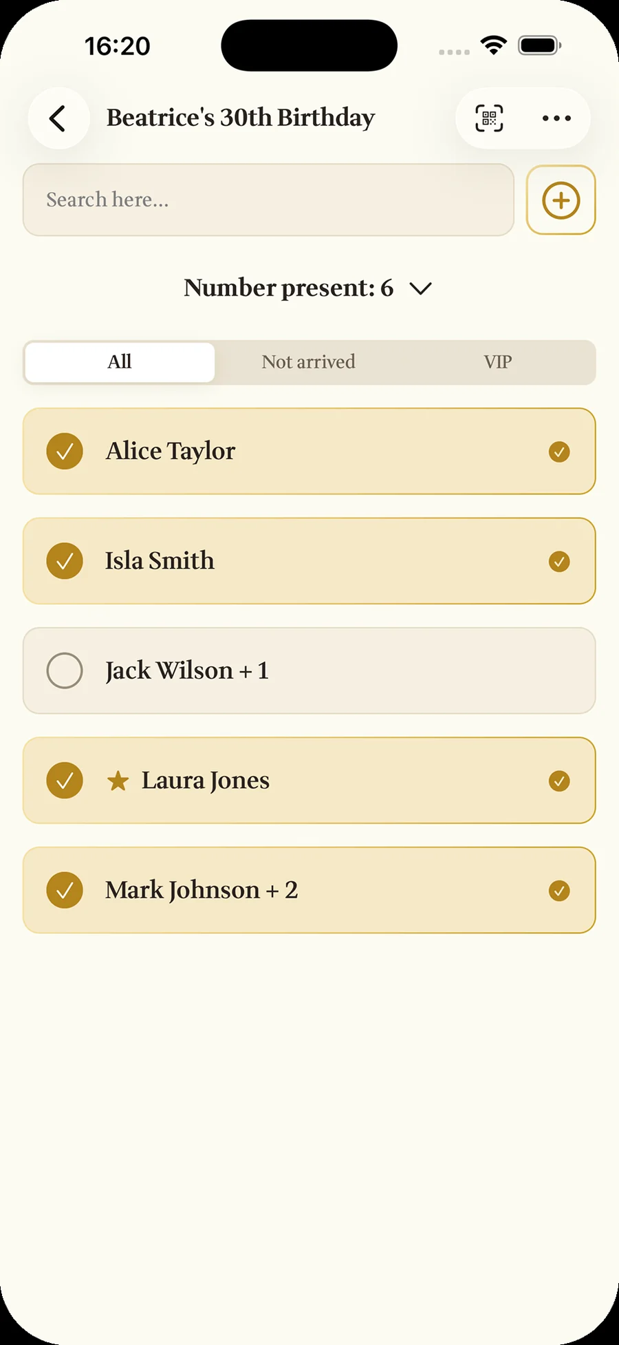 Guest list for Beatrice's 30th Birthday, with arrivals checked in in gold