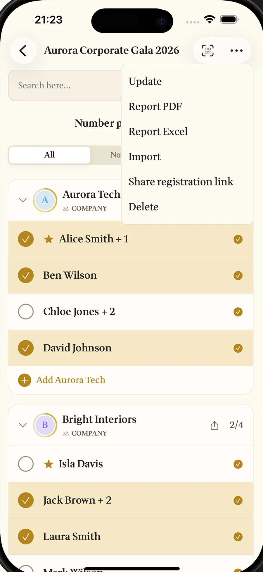 Aurora Corporate Gala 2026 guest list split by company, with the import and report menu open