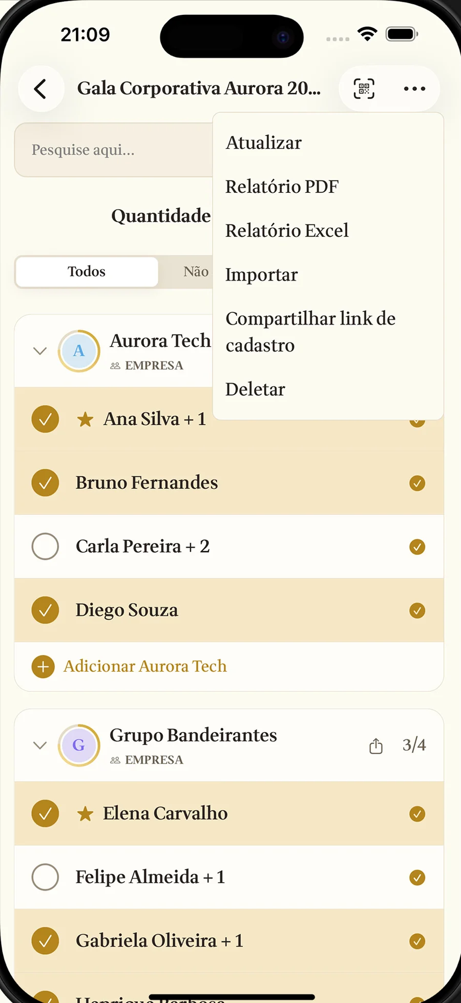 Lista da Gala Corporativa Aurora 2026 separada por empresa, com o menu de importar planilha e gerar relatório aberto