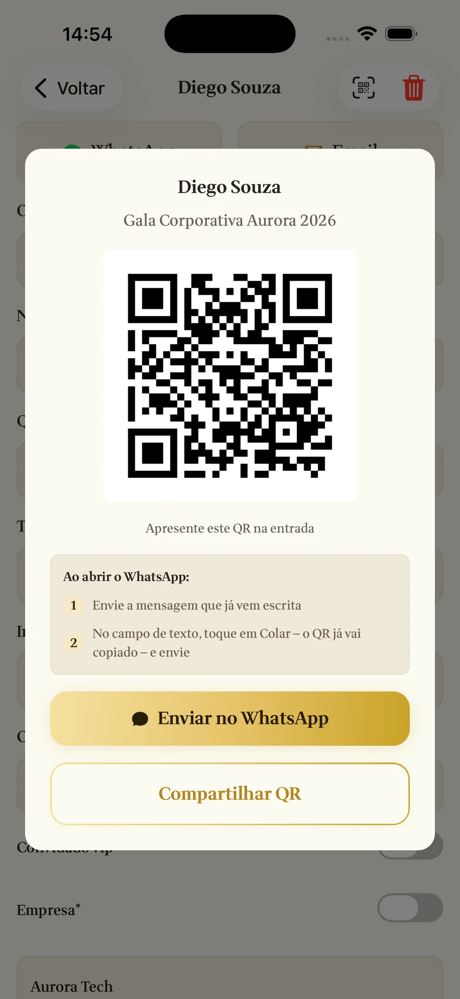 QR Code individual do convidado Diego Souza, com o botão Enviar no WhatsApp