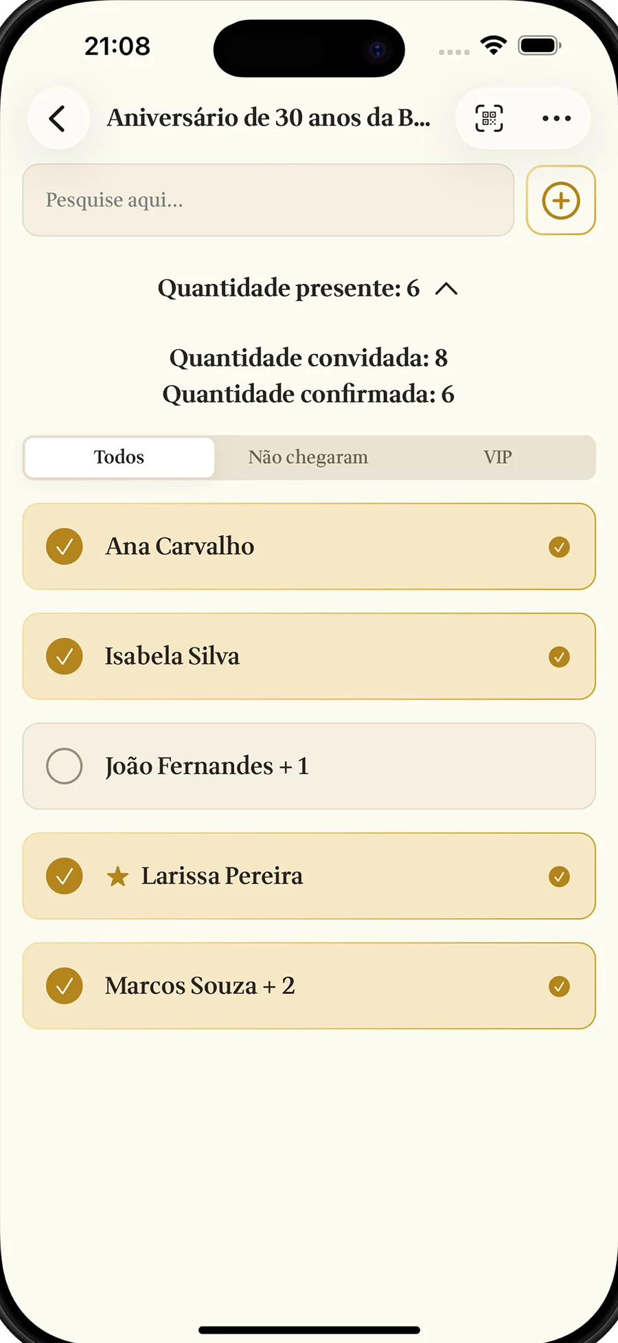 Lista de um aniversário com quantos foram convidados, confirmaram e já chegaram